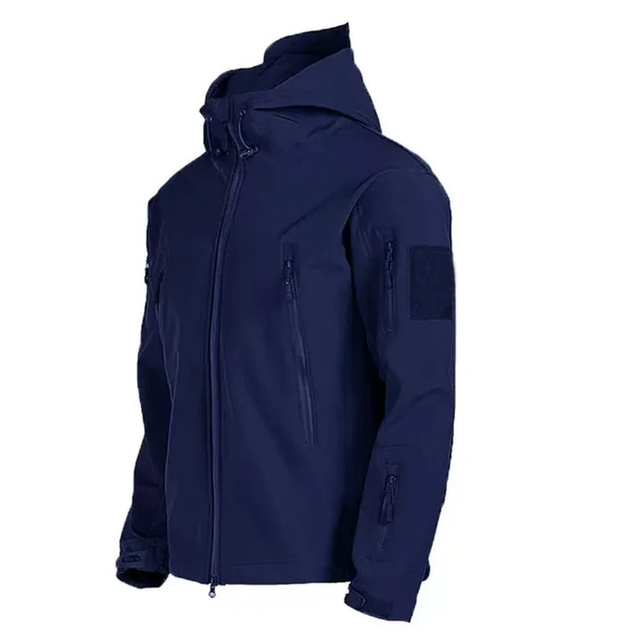 Navy blue jacket with a hood on a white background