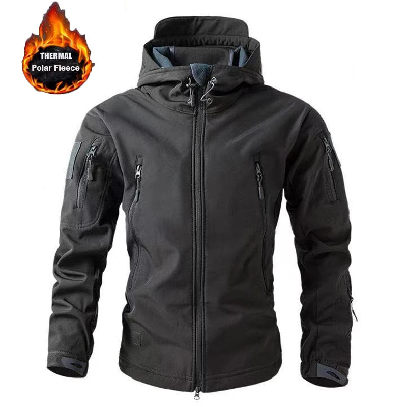 Black tactical jacket with thermal polar fleece label on a white background