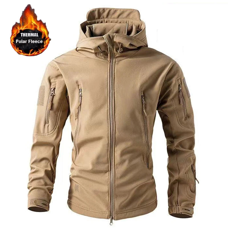 Tan tactical jacket with thermal polar fleece label on a white background