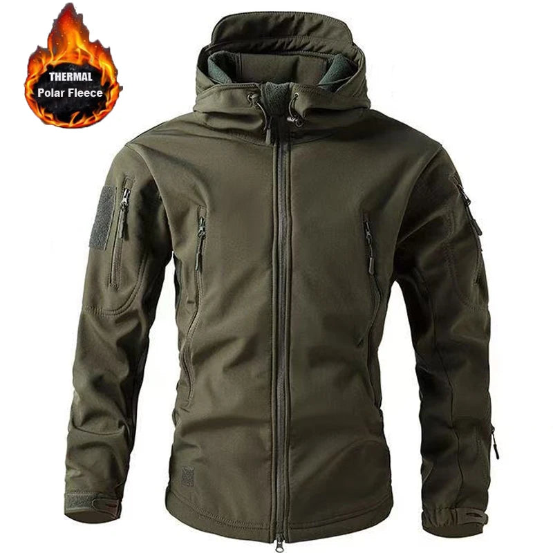 Green tactical jacket with thermal polar fleece label on a white background