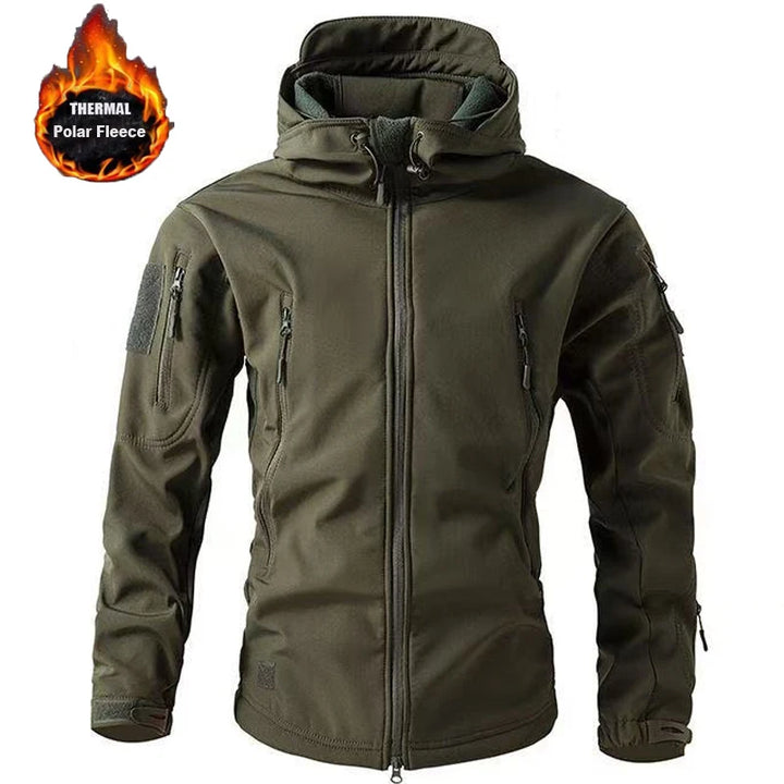 Green tactical jacket with thermal polar fleece label on a white background