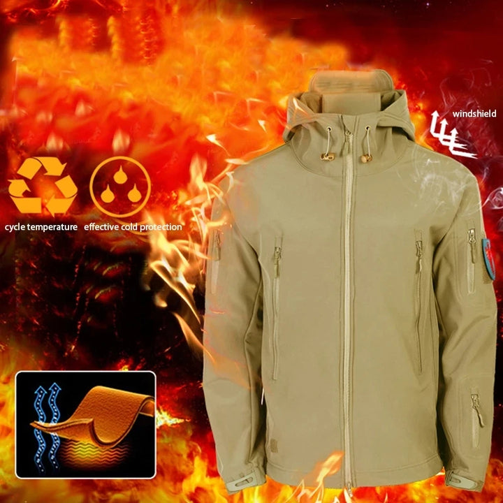 Beige jacket with fire and recycling symbols on a fiery background
