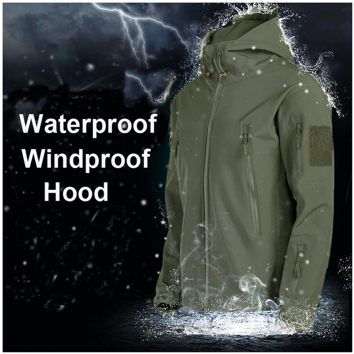 Waterproof jacket with text 'Waterproof Windproof Hood' against a dark background with water effects.