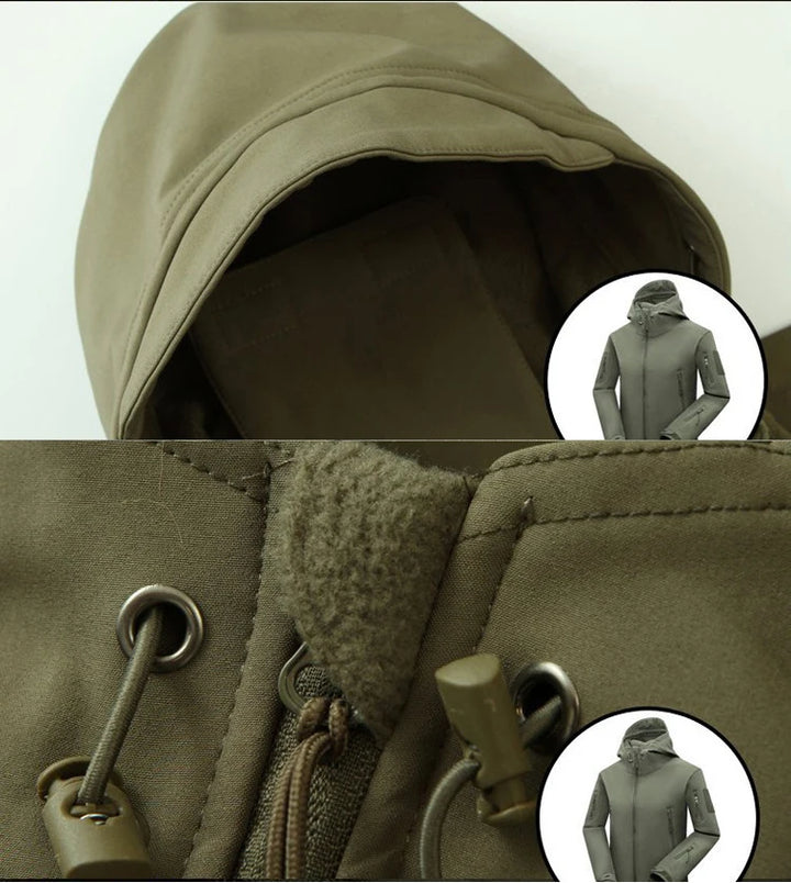 Close-up of a brown jacket with a hood and zipper details, with inset images of the jacket worn by a person.