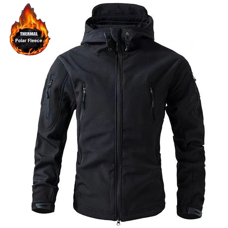 Black jacket with thermal polar fleece label on a white background