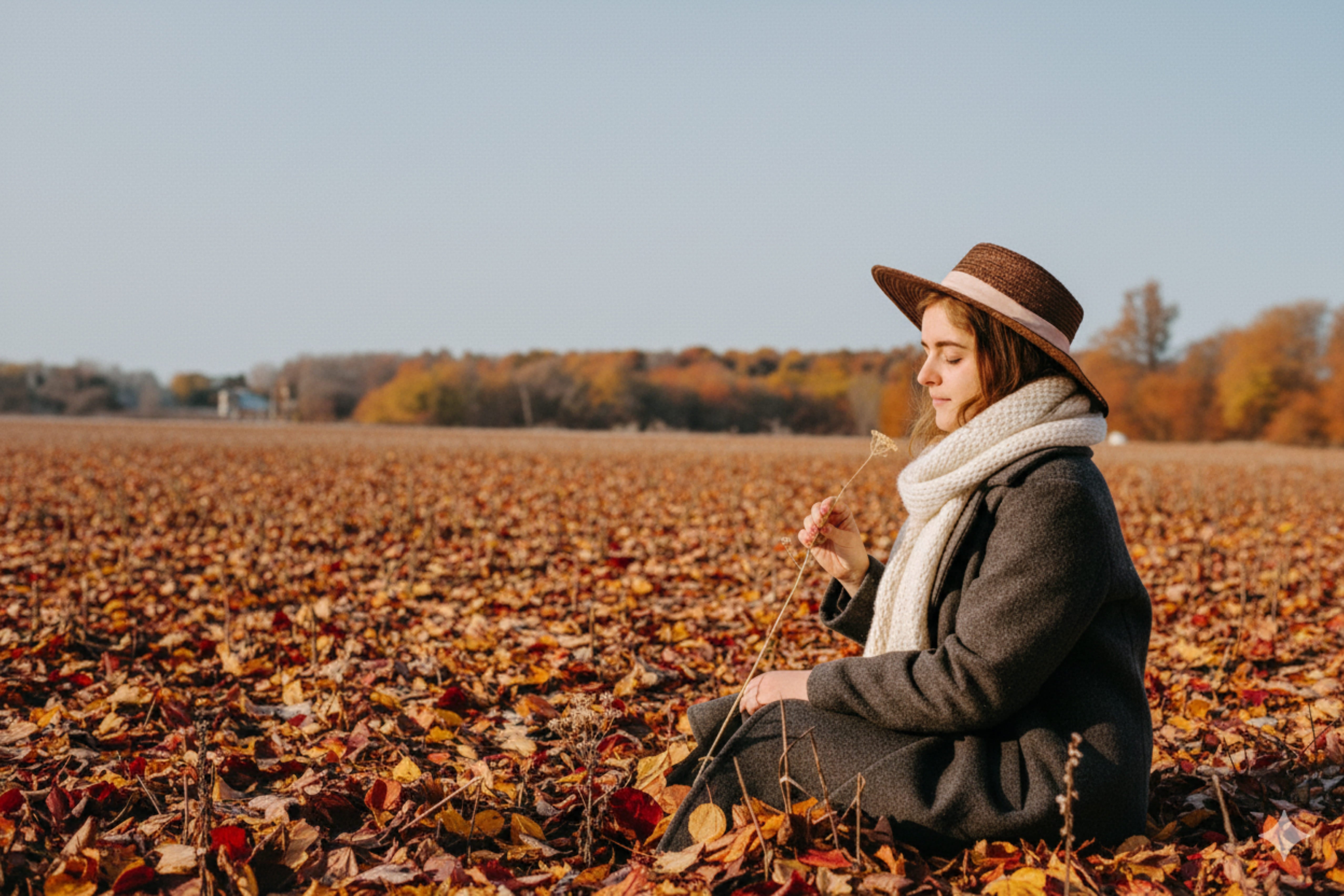Woman sitting in a field of autumn leaves wearing a hat and coat.