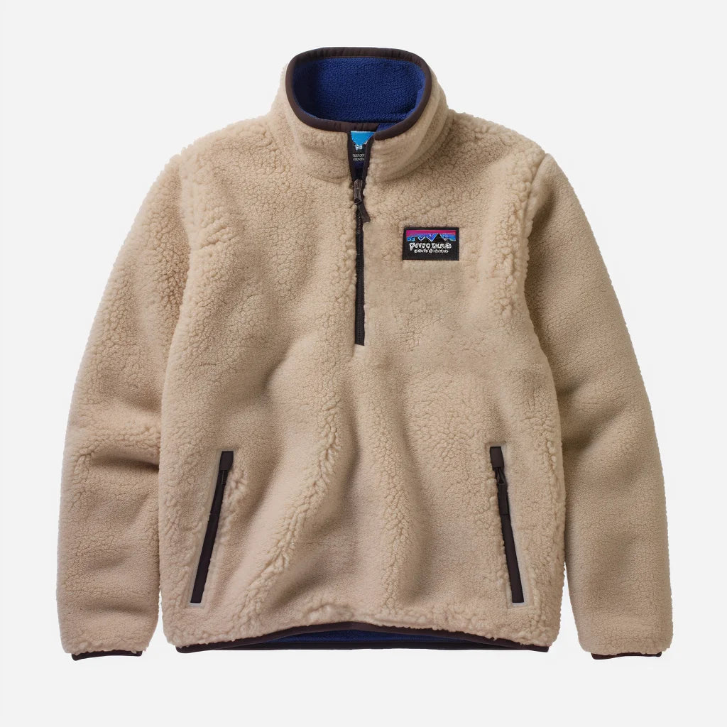 Beige fleece jacket with Patagonia a white background
