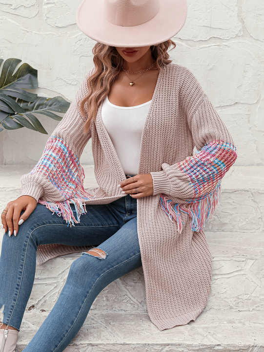  Tassel Sleeve Open-Front Knit Cardigan