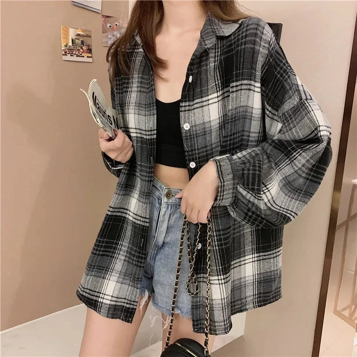  Women's Purple Plaid Puff Sleeve Shirt