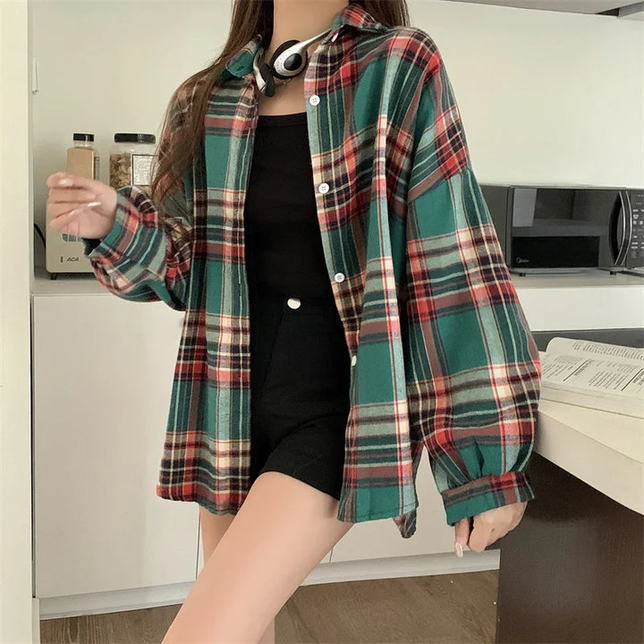  Women's Purple Plaid Puff Sleeve Shirt