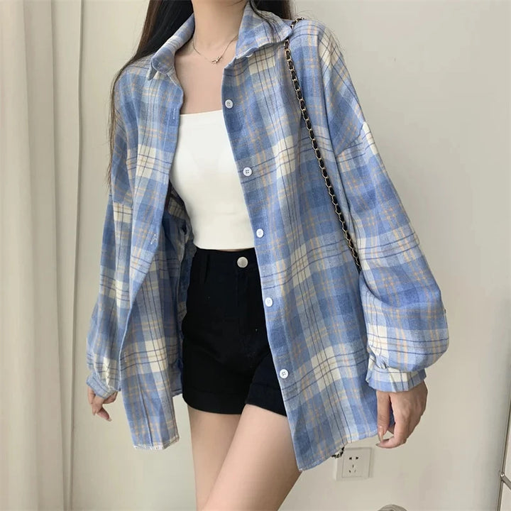  Women's Purple Plaid Puff Sleeve Shirt