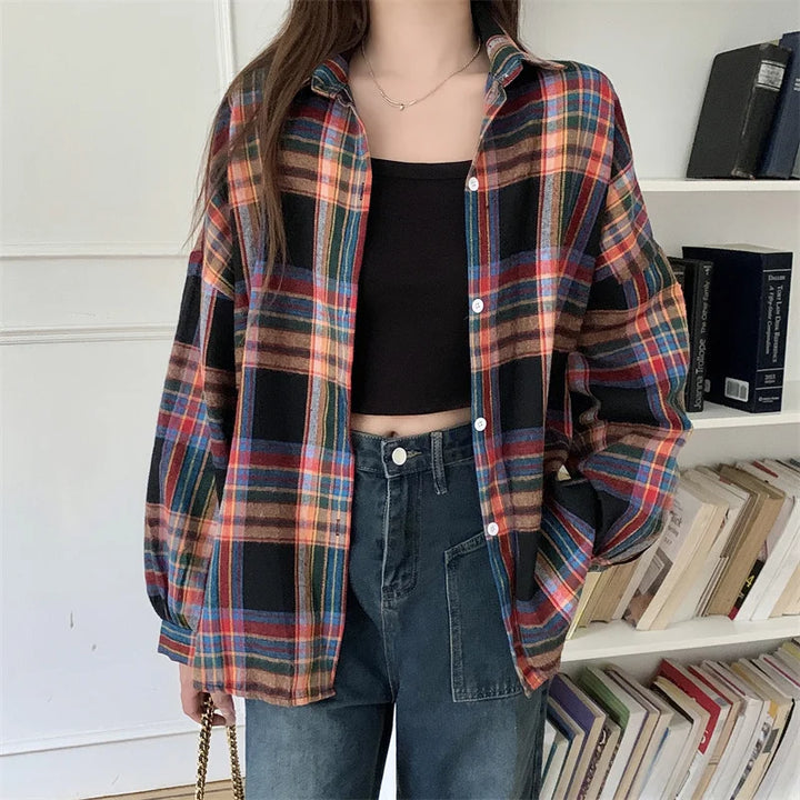  Women's Purple Plaid Puff Sleeve Shirt