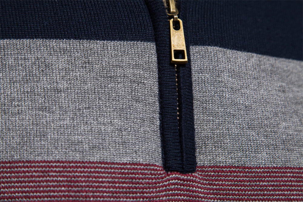 Men’s Quarter-Zip Striped Cotton Sweater