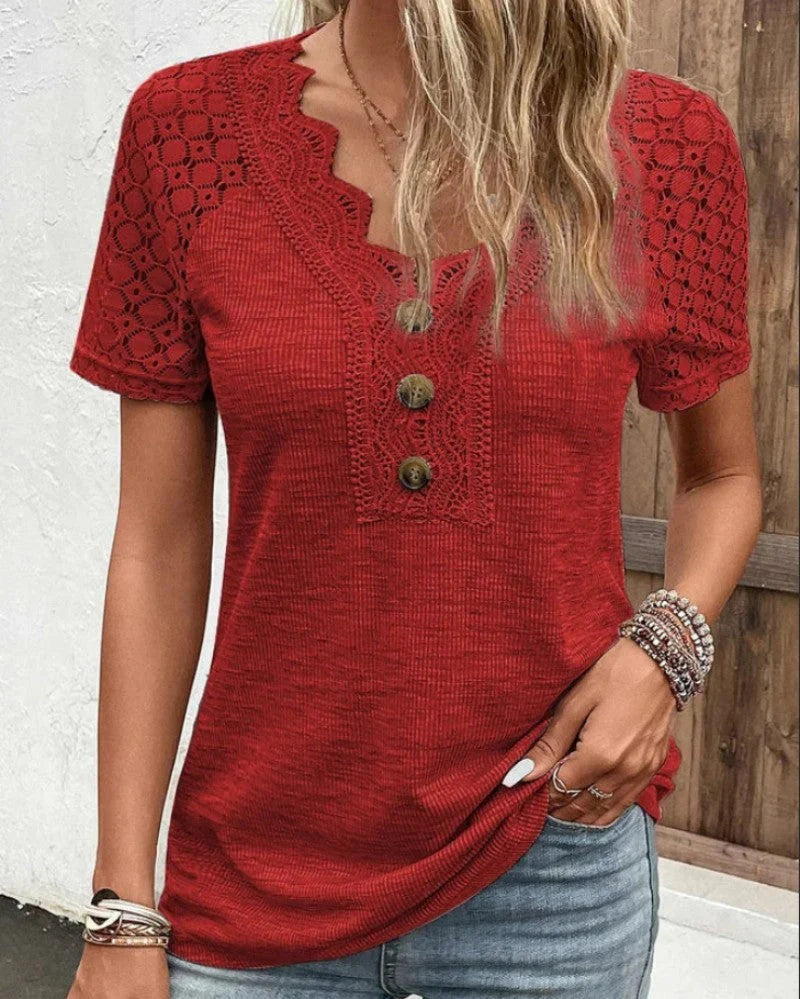 Lace-Accent V-neck T-shirt