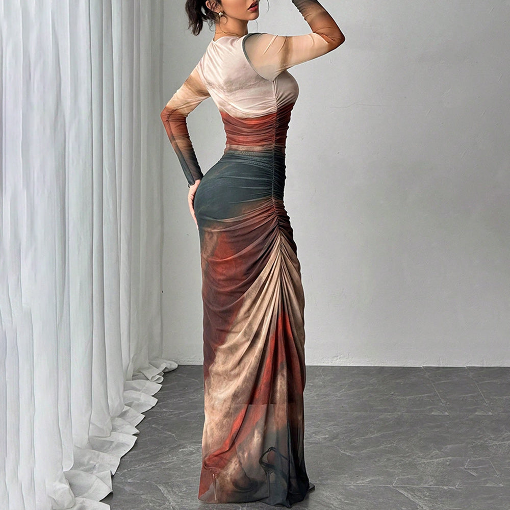 Contrast Print Long Sleeve Mermaid Maxi Dress