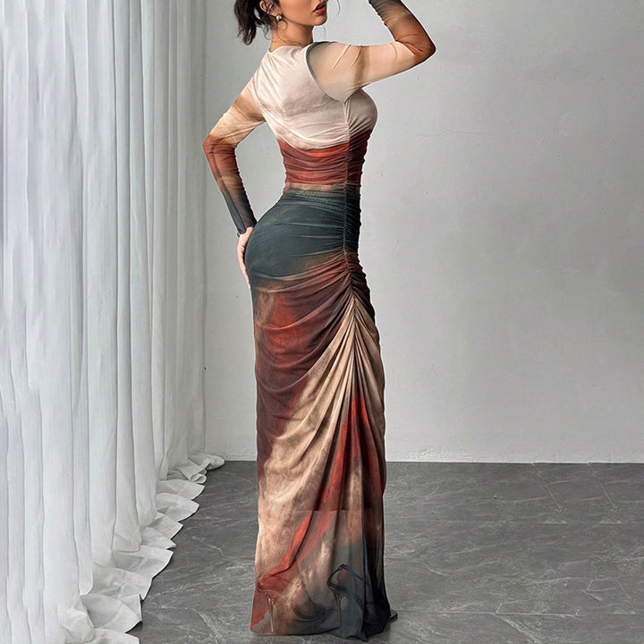 Contrast Print Long Sleeve Mermaid Maxi Dress