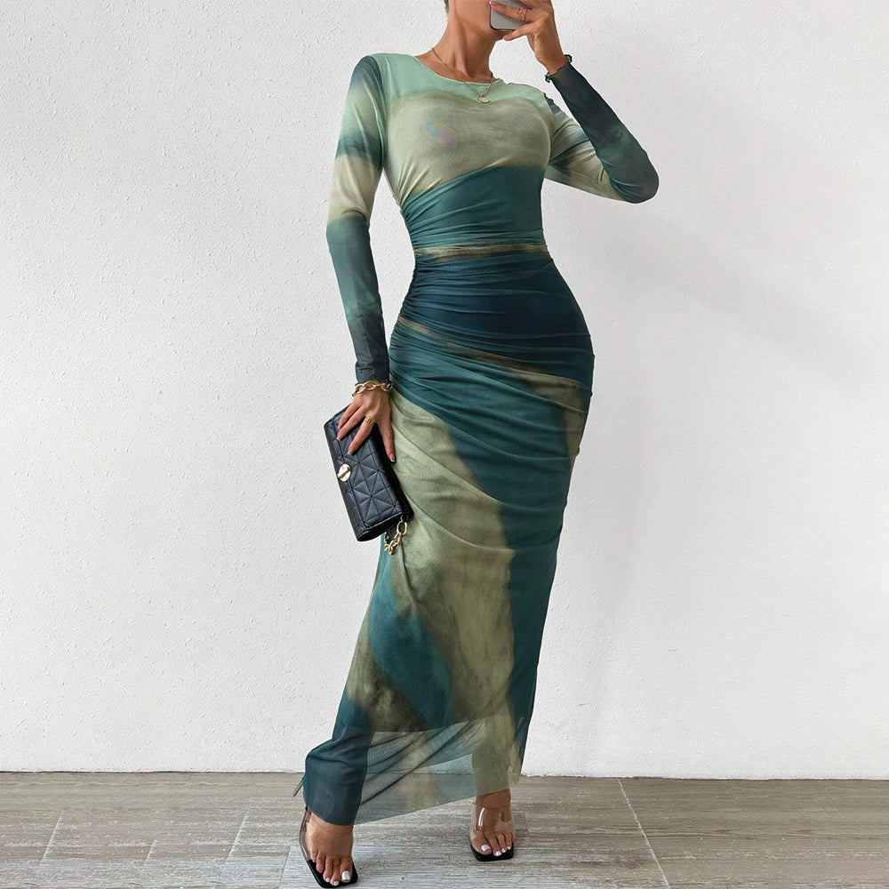 Contrast Print Long Sleeve Mermaid Maxi Dress