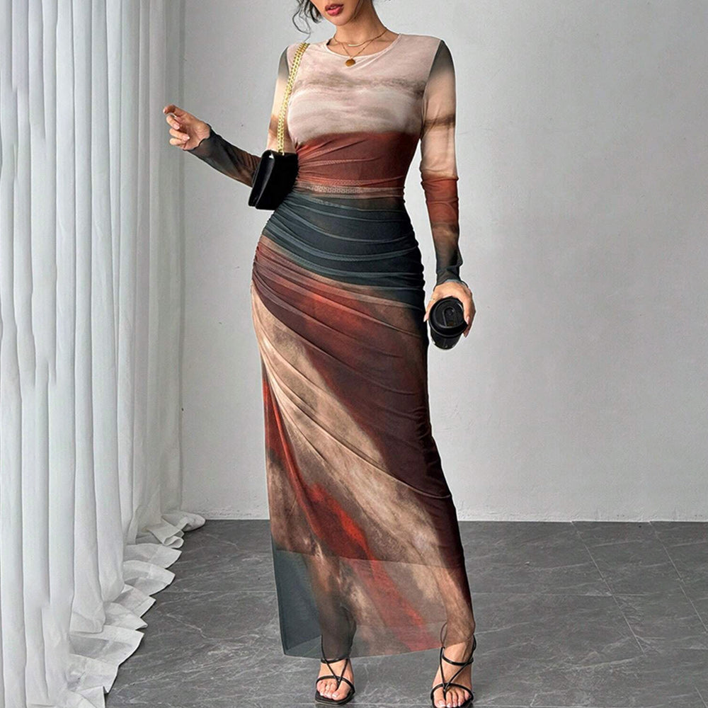 Contrast Print Long Sleeve Mermaid Maxi Dress