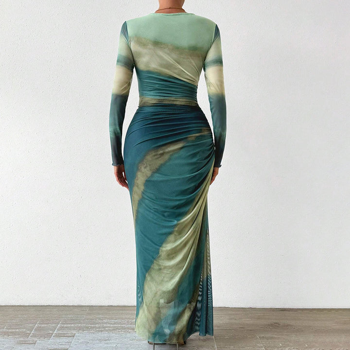 Contrast Print Long Sleeve Mermaid Maxi Dress