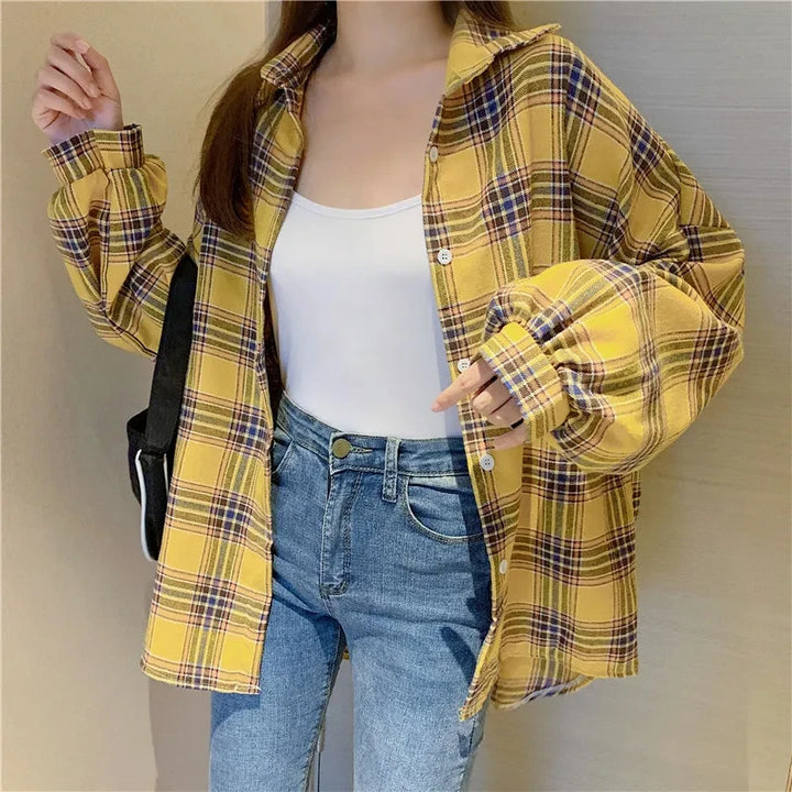  Women's Purple Plaid Puff Sleeve Shirt