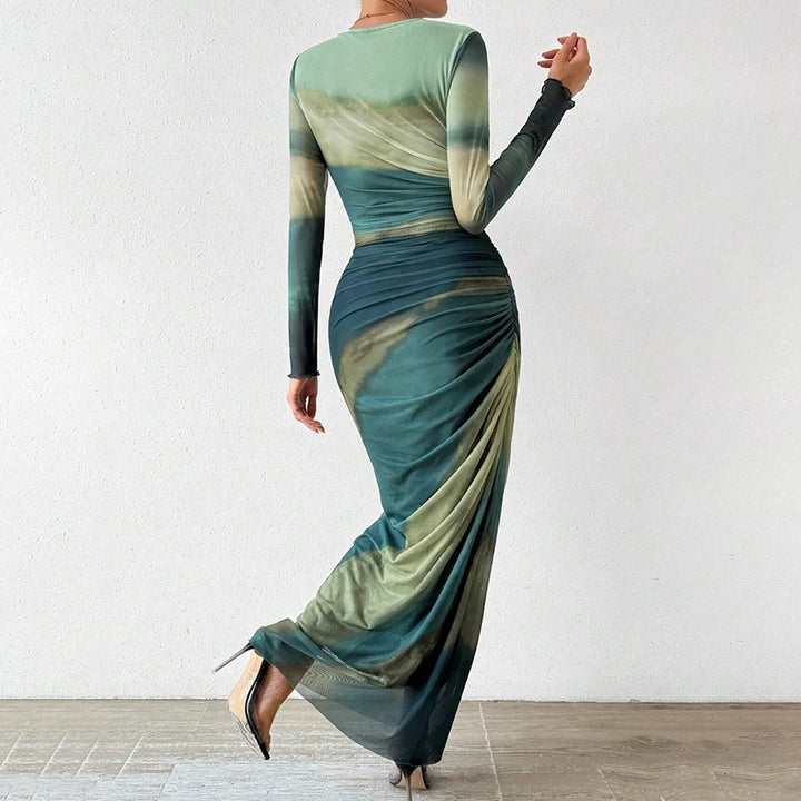 Contrast Print Long Sleeve Mermaid Maxi Dress