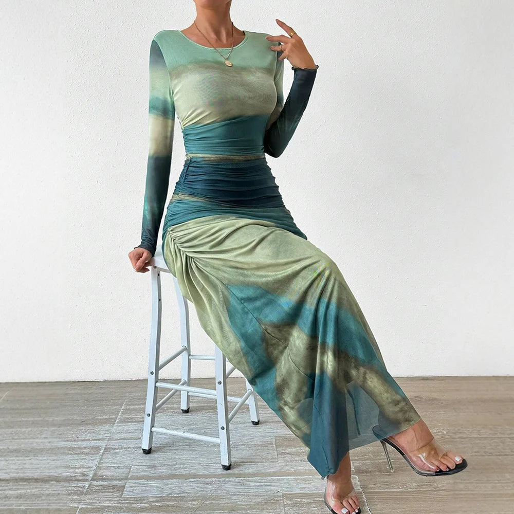 Contrast Print Long Sleeve Mermaid Maxi Dress