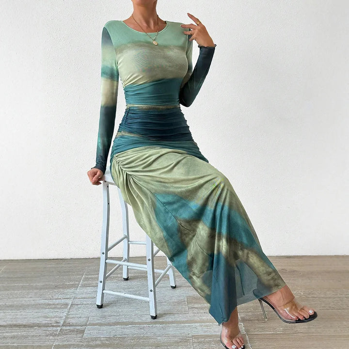 Contrast Print Long Sleeve Mermaid Maxi Dress
