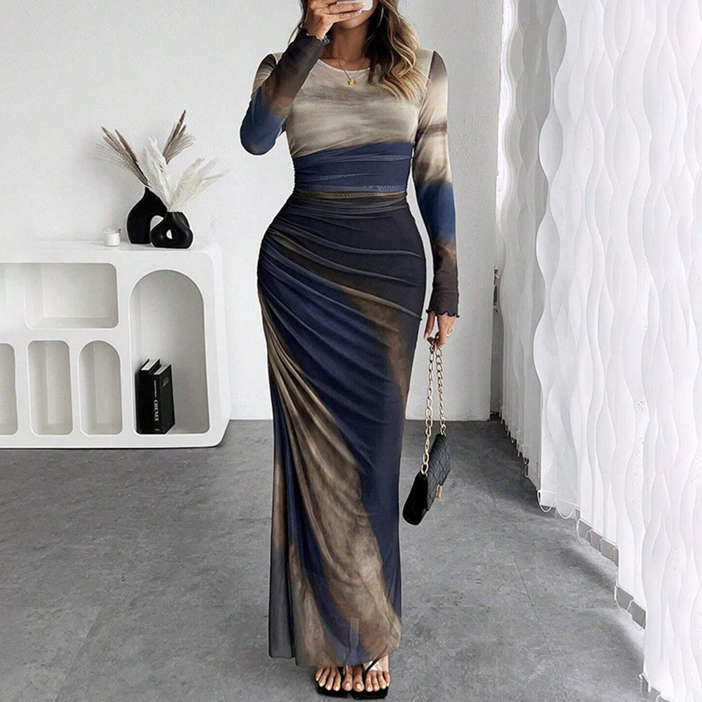 Contrast Print Long Sleeve Mermaid Maxi Dress