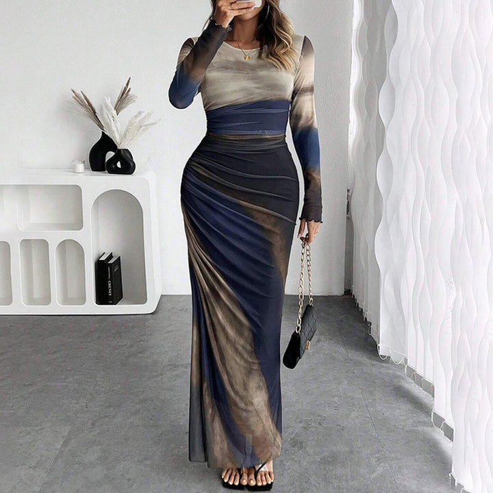 Contrast Print Long Sleeve Mermaid Maxi Dress
