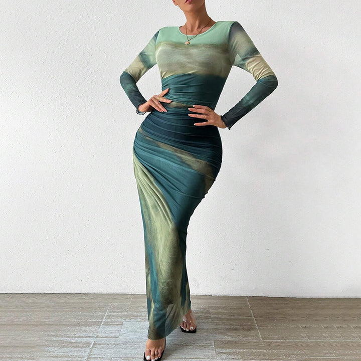Contrast Print Long Sleeve Mermaid Maxi Dress