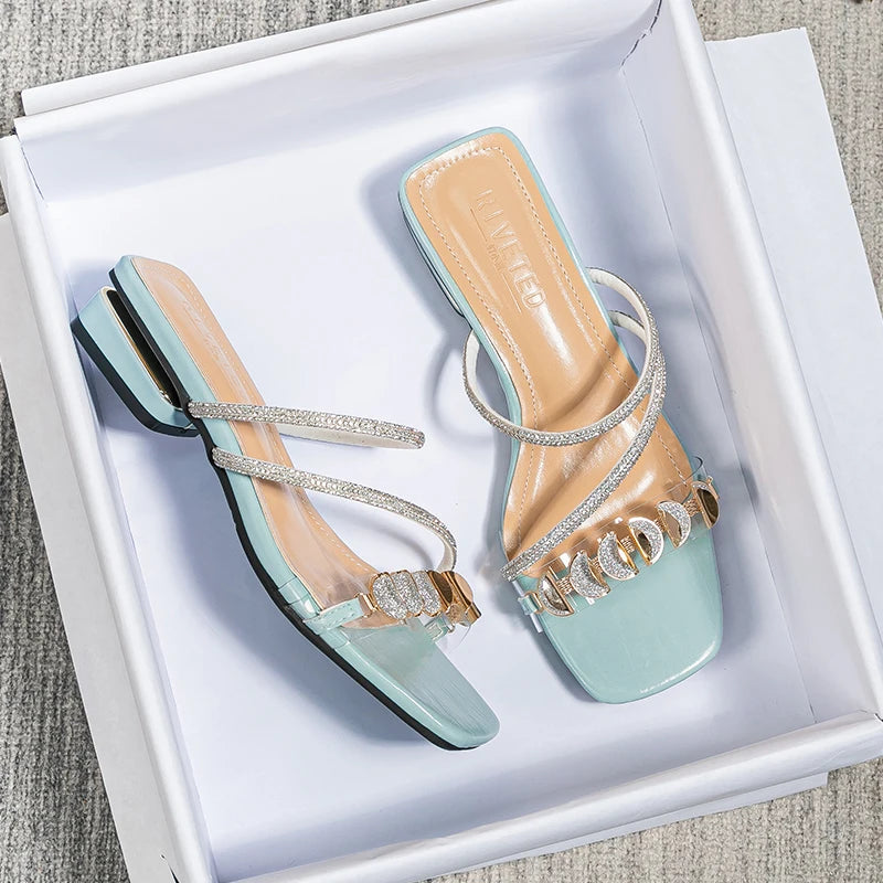 Slippers Crystal Strap Low Heel Slides