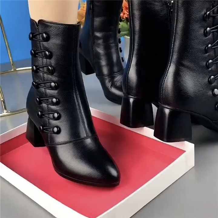 Women's Smooth Leather Ankle Boots With Heel