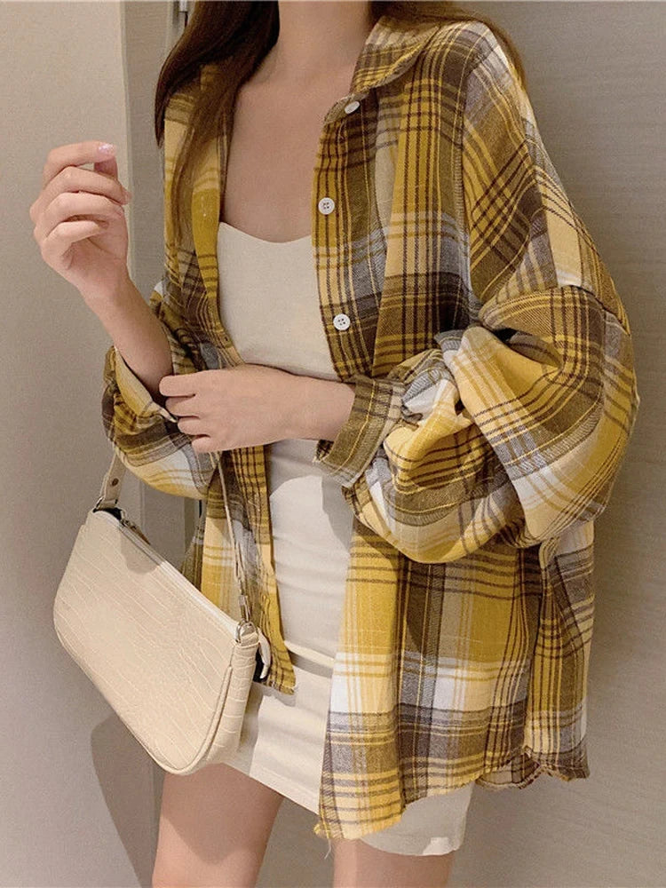  Women's Purple Plaid Puff Sleeve Shirt