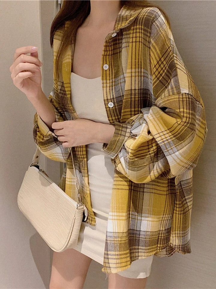  Women's Purple Plaid Puff Sleeve Shirt