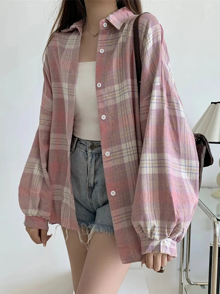  Women's Purple Plaid Puff Sleeve Shirt