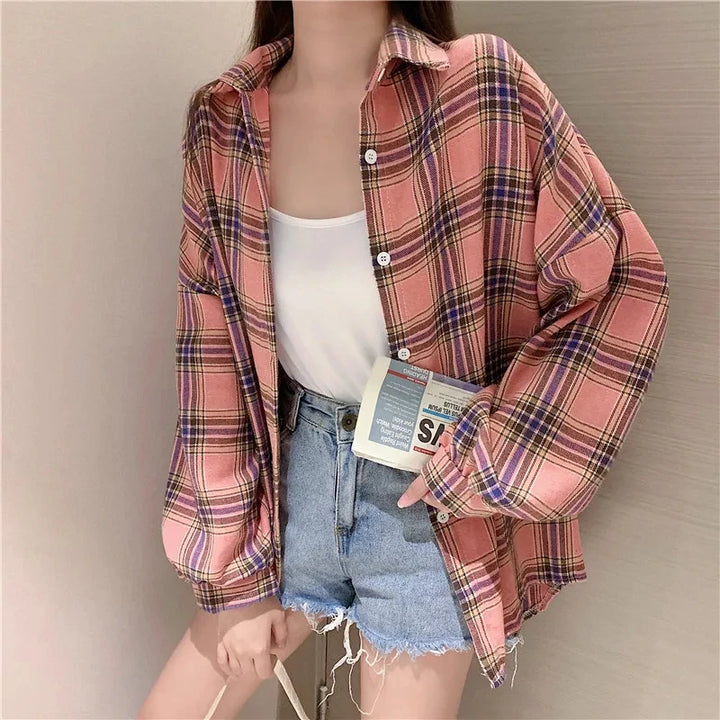  Women's Purple Plaid Puff Sleeve Shirt