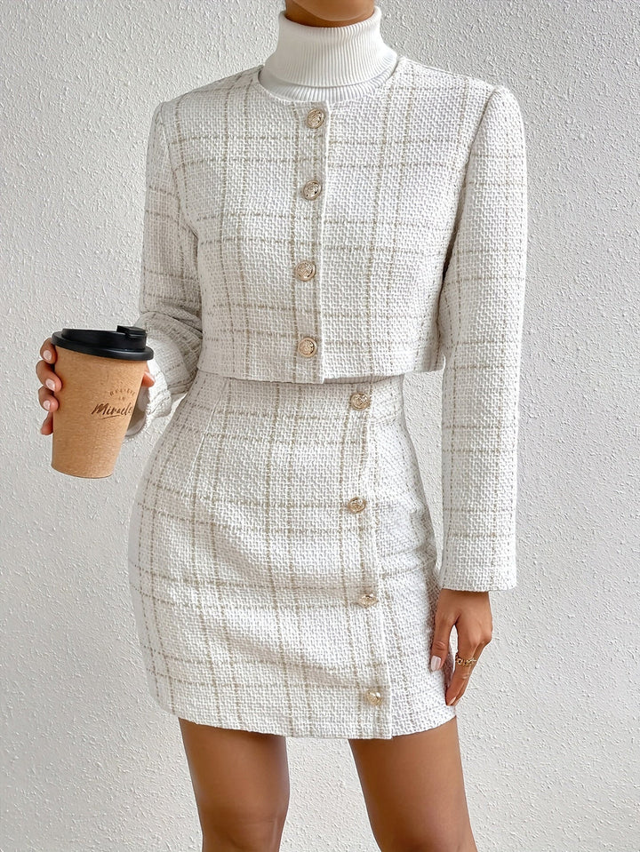 Plaid Tweed Skirt Suit Set