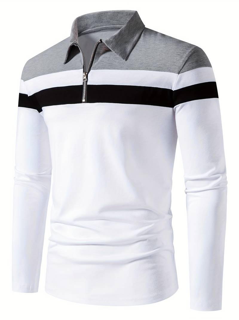  Men's Long Sleeve Striped Polo Shirt