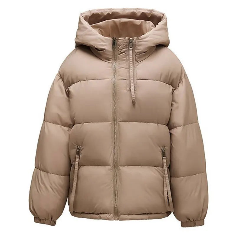 Beige puffer jacket with a hood on a white background