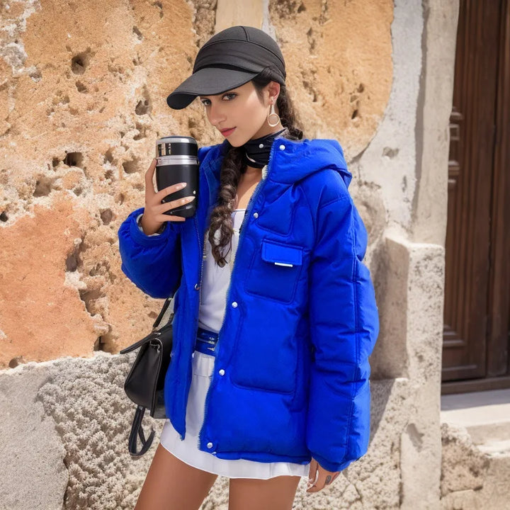 Woman wearing a blue puffer jacket and black cap, holding a thermos, against a stone wall background.