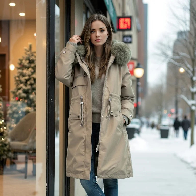 Woman wearing a beige parka with fur hood on a snowy street.