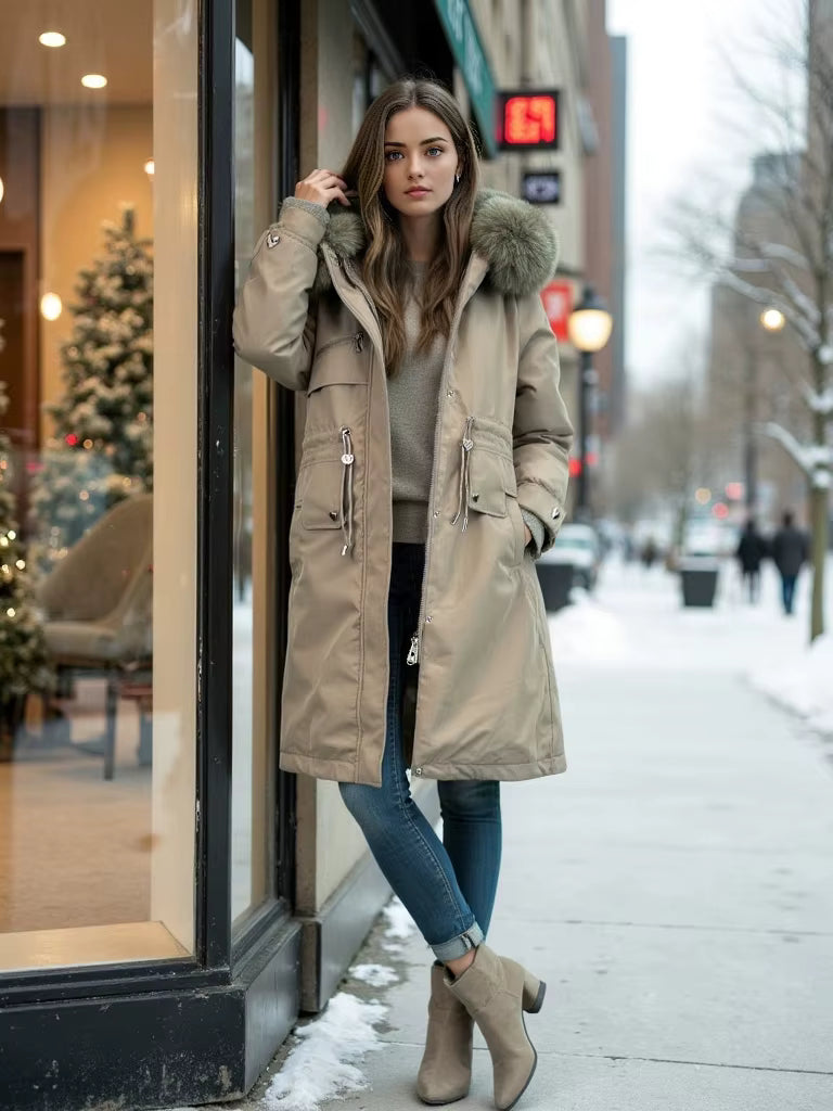 Woman in a beige parka standing on a snowy street