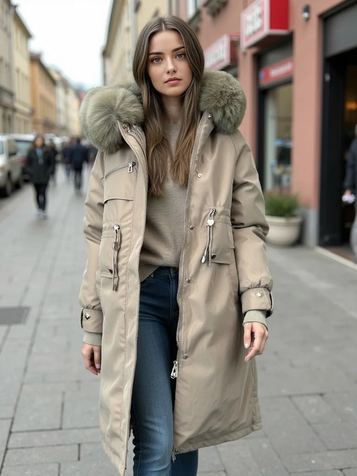Woman wearing a long beige coat with fur hood on a city street.