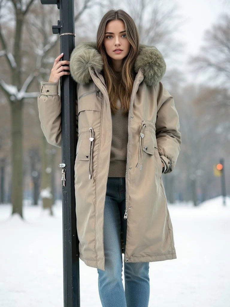 Woman wearing a beige parka with fur hood in a snowy urban setting