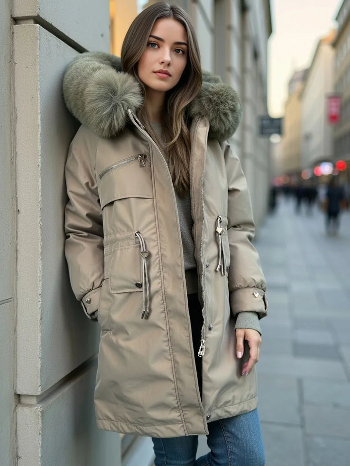 Woman wearing a beige parka with fur hood on a city street