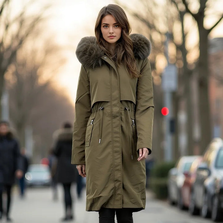 Woman wearing a long olive green coat with fur hood on a city street.