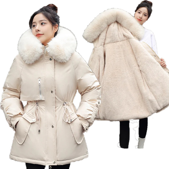 Woman wearing a beige winter coat with a fur-lined hood on a white background