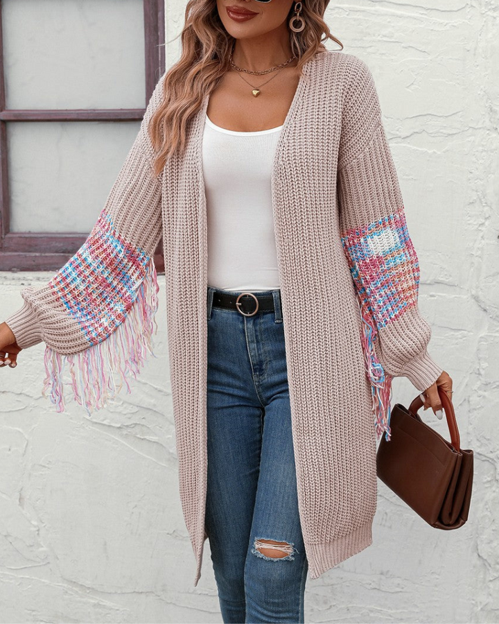  Tassel Sleeve Open-Front Knit Cardigan