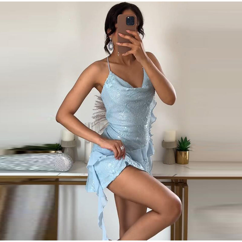 Women Sequin Draped Mini Dress