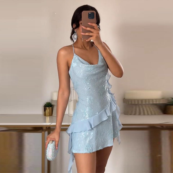 Women Sequin Draped Mini Dress